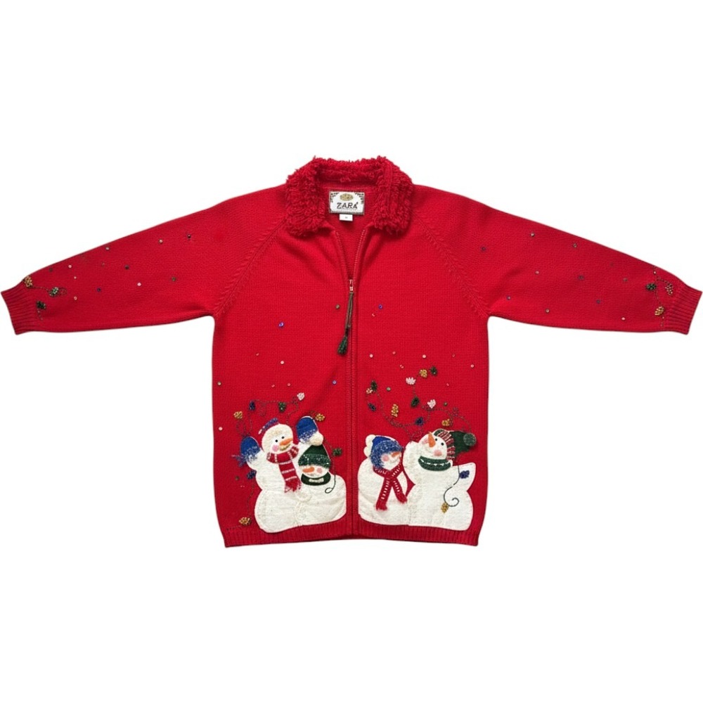 Tiara International Red Snowman Christmas Zip Up Cardigan Sweater Medium